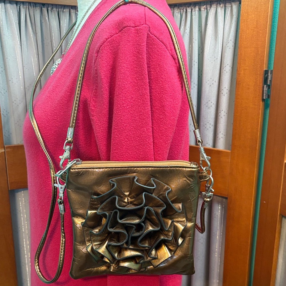 Metallic Bronze Ruffle faux leather Crossbody Bag
